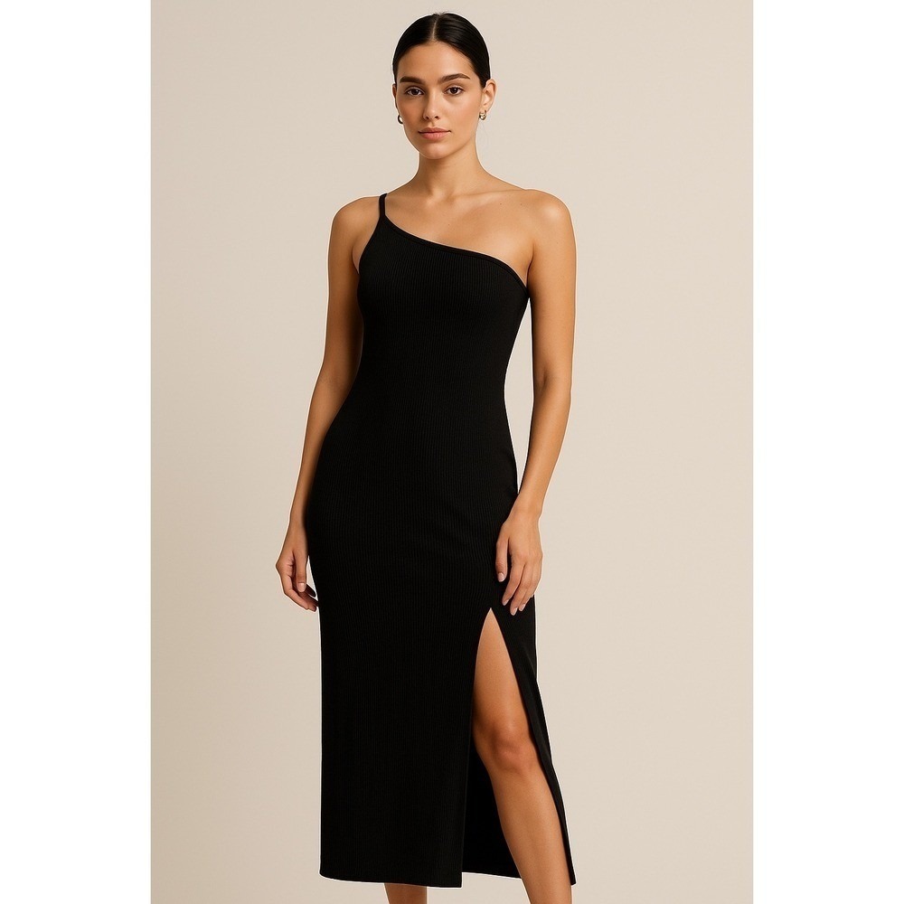 Black One Shoulder Ribbed Midi Dress Slit Casual Party Cocktail Size Medium